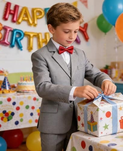 Boys Suit Size 8 Light Grey Kids Wedding Outfit for Toddler Formal Suit Set Easter Oufit Teenage Homecoming with Dress Shirt and Tie - Thumbnail 5