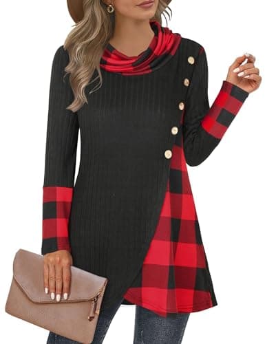 Miusey Tunic Sweaters to Wear with Leggings Turtle Neck Sweaters for Woman Christmas Sweaters for Women 2023 Fall Sweater Red Black M - Image 1
