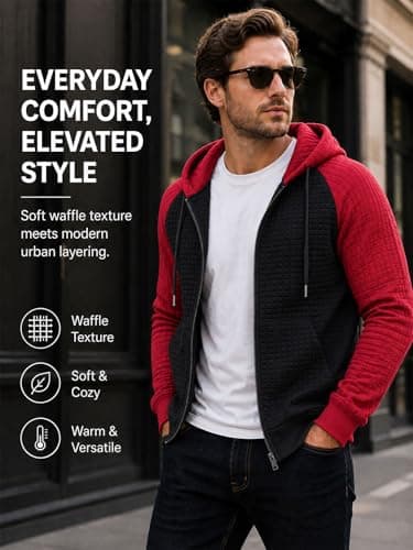 Men's Lightweight Casual Hoodie Full Zip Up Long Sleeve Waffle Knit Hood Sweatshirt Drawstring Jacket with Pocket - Thumbnail 2