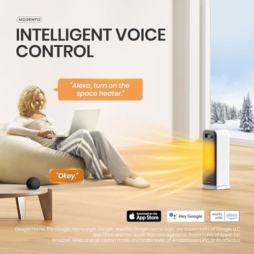 MORENTO Space Heaters for Indoor Use, Portable Electric Heater with Thermostat, Smart and Voice Control, 1500W PTC Ceramic Safety, 36dB Quiet Smart Heaters for Office Bedroom Home White 1Pack - Thumbnail 6