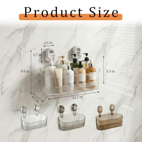 AVOKIHI No-Drill Bathroom Suction Storage Box – Large Capacity & Strong Load-Bearing, Wall Mounted Shower Shelf Caddy, Waterproof Organizer Fits Shampoo Bottles (Transparent) - Thumbnail 2