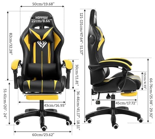 HOFFREE RGB Gaming Chair with Speakers Massage Computer Gaming Chair with LED Lights and Footrest High Back Video Game Chair for Adults Yellow and Black - Thumbnail 2