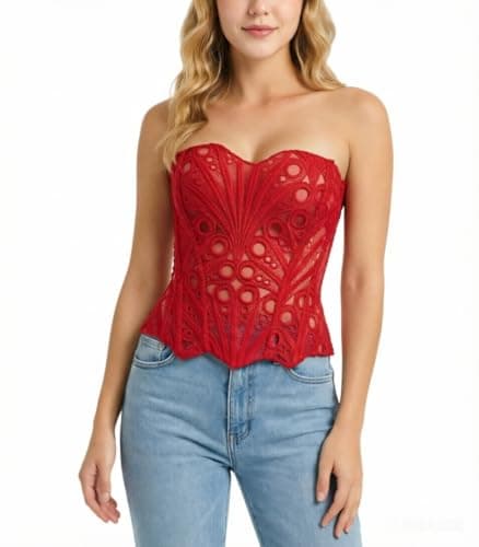 Bistonny Corset Tops for Women Lace Up Overbust Bustier Sexy Floral Lace Waist Cincher Going Out Club Party Y2K Tops Red X-Small - Image 1