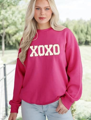 MAPICK Oversized Sweatshirt for Women Letter Printed Hugs and Kisses Sweaters Crewneck Long Sleeve Pullover Tops(Rose Red,Small) - Thumbnail 2