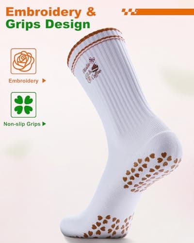 NSRRUN TURTLE Non-Slip Pilates Grip Socks for Women - Embroidery Crew Sock with Sticky Sole, Ideal for Yoga, Workout, & Barre, Small, 3 Pairs -Brown&Red&Pink - Thumbnail 2