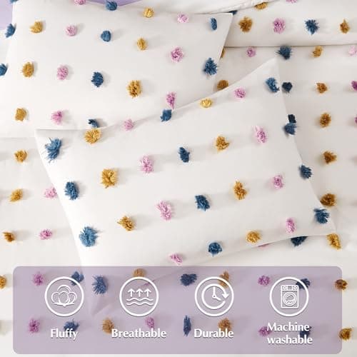 Geniospin Colored Pom Queen Comforter Set, 8 Pieces Ball Pom Comforter Sets, Bed in a Bag Queen, All Season Down Alternative Bedding Set, Lightweight, Warm and Breathable - Thumbnail 6