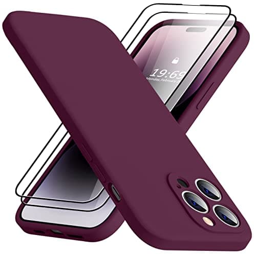 TISOOG Compatible with iPhone 14 Pro Case for Women,with 2 Pcs 9H Tempered Glass Screen Protector,[Camera Protection][Microfiber Lining] Slim Shockproof Silicone Case for iPhone 14 Pro, WineRed - Image 1