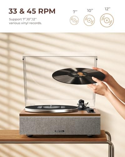 QLEARSOUL ONE-S Vinyl Record Player with Bluetooth Input/Output, All-in-One Vintage Turntable Built in Speakers, Phono Preamp & DSP, AT-3600L Cartridge, 33/45 RPM (Walnut) - Thumbnail 2