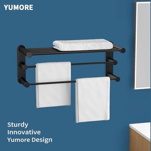 YUMORE 24-Inch Towel Rack, Towel Holder Shelf with 2 Towel Bar Towel Storage Organizer for Bathroom & Lavatory Wall Mounted (Matte Black) - Thumbnail 2