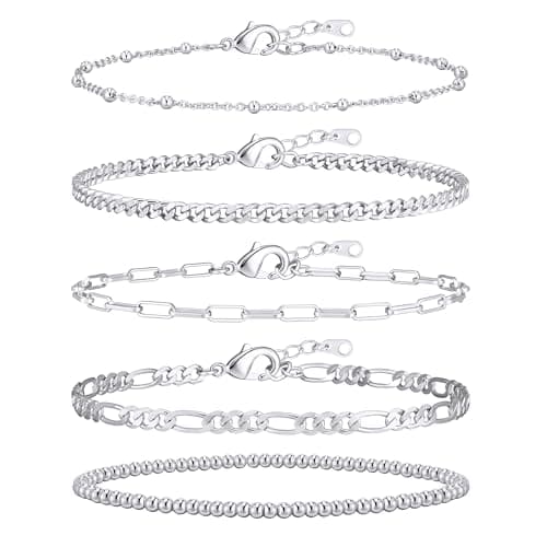 adoyi Silver Bracelets for Women, 14K Gold Plated Stackable Bracelet Stack Set Adjustable Charm Paperclip Chain Cuban Link Layered Waterproof Jewelry Gifts for Womens 7.2 Inch - Image 1