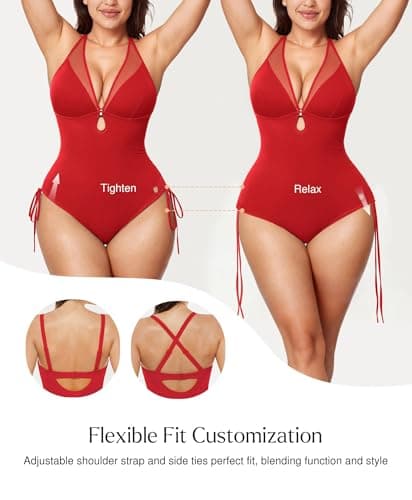 Popilush Womens Bathing Suits Tummy Control​One Piece Swimsuit with Built-in Bra Sexy Mesh Shapewear Swimsuits Red - Thumbnail 4