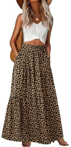 GRECERELLE Maxi Skirt for Women Floral Print Tiered A-Line High Waisted Flowy Casual Summer Boho Long Skirts with Pockets, LD Khaki, L - Image 1