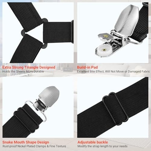 Ksasky Bed Sheet Holder Straps, Adjustable Bed Sheet Clips for Corner, Upgrade Non Slip Sheet Holders Keep Sheets Firm & Tight, Easy to Install Durable Fasteners - Thumbnail 3