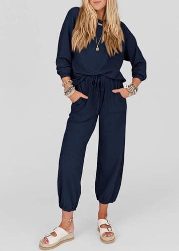 KIRUNDO Lounge Sets for Women 2026 Fall Airport Travel Outfits Ribbed Knit Tops Jogger Pants Tracksuit Postpartum Comfy Set(Navy, X-Small) - Thumbnail 6