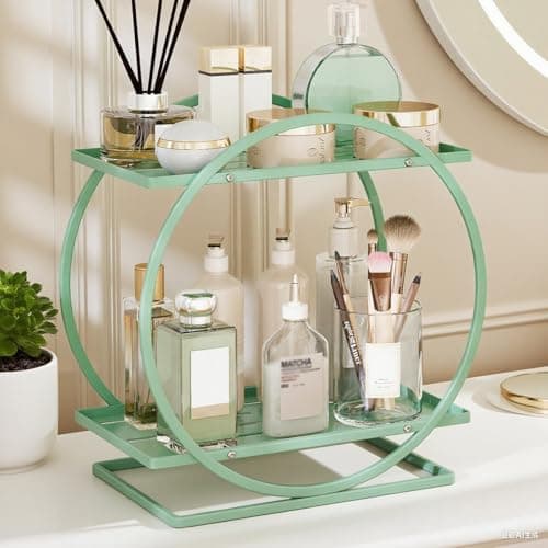 YIWANFW Green Perfume Organizer for Dresser, 2-Tier Bathroom Counter Organizers, Elegant Round Makeup Organizer for Vanity, Versatile Bathroom Tray Countertop Shelf, Compact Skincare Storage - Thumbnail 6