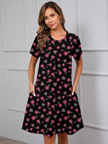 Heymoments Women's Short Sleeve Dress Floral Print Large Crewneck Casual Loose Flowy Below Knee Length Sundress Business A Line Shirt Teachers Summer Novelty Boho Dresses with Pockets - Thumbnail 3