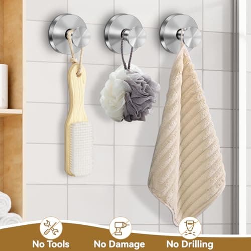 TACGEA Suction Cup Hooks for Shower, Removable Towel Hooks for Bathroom Window Glass, Powerful Vacuum Shower Hook for Towel, Robe, Loofah - 2 Pack, Sliver - Thumbnail 3