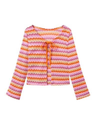ZAFUL Swimsuit Coverup Shirt for Women Crochet Cardigan Bathing Suit Cover Up Long Sleeve Cover Ups Top Zigzag Orange M - Thumbnail 2