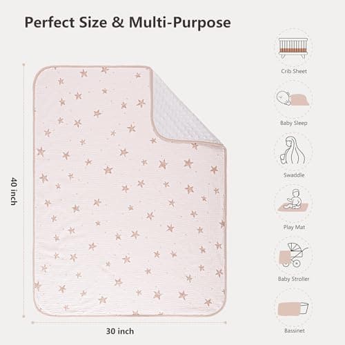 Susurration Baby Blanket for Unisex Boys Girls, Soft Nursery Minky Blanket with Muslin Cotton Front and Dotted Fleece Back, Receiving Blanket for Baby Newborn Infant, 30x40inch (Pink Star) - Thumbnail 6