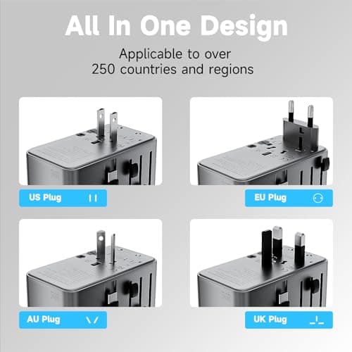 Minthouz Universal Travel Adapter, International 100W Power Adapter GaN Fast Charger with 2 USB-C PD, 1 USB-C Cable &A Ports, All-in-One Portable AC Power Plug Adapter for USA EU UK AUS - Thumbnail 3