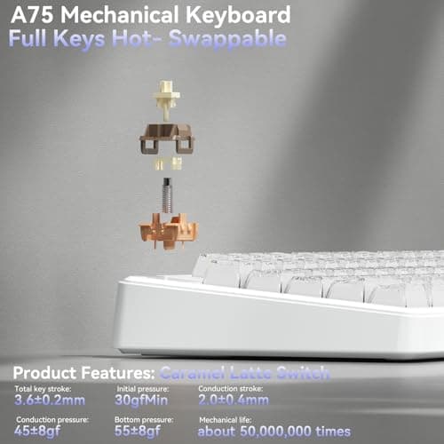 SOLAKAKA A75 Wireless Gaming Keyboard with Multifunction Knob, BT5.0/2.4GHz/USB-C, 75% Mechanical Keyboard, Hot-Swappable, Gasket Creamy Keyboard with RGB Backlit, Crystal Keycaps, for PC/Mac/PC - Thumbnail 5