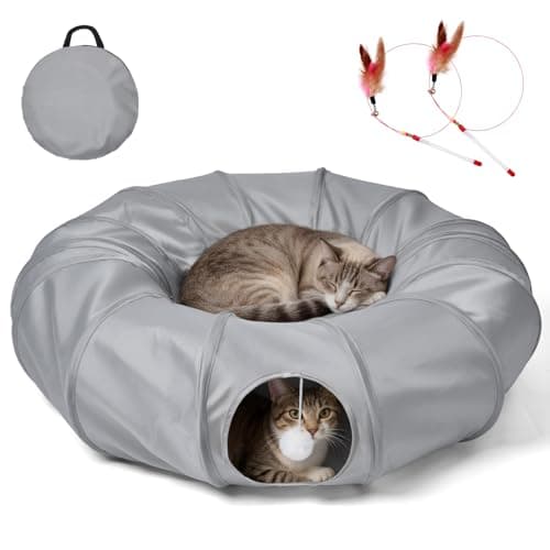 Cat Tunnel Bed with 20 Pcs Interactive Toys, 3-in-1 DIY Collapsible Plush Cat Tube with Washable Mat, Large Indoor Play Tunnel Cave for Kittens and Small Animals