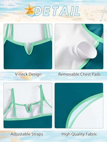 AMAWMW Girls Swimsuit V-Neck Bathing Suit Quick Dry Swimming Wear for Teen Girls with Chest Pad Size 7-16y, Blue Green, 13-14Y - Thumbnail 6