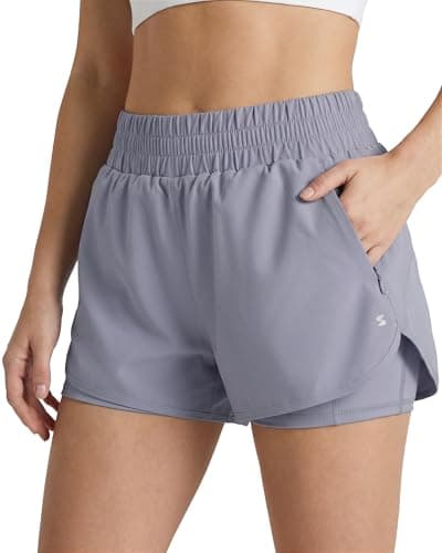 Stelle 2 in 1 Womens Running Shorts High Waisted Athletic Workout Gym Short with Zip Pockets (Purple Haze,S)