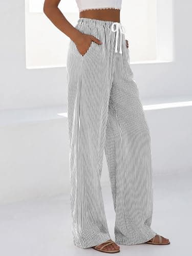 BTFBM Striped Wide Leg Pants for Women Spring Summer 2026 Drawstring Lounge PJ Beach Bottoms Casual Trousers Pockets(Black, Large) - Thumbnail 6