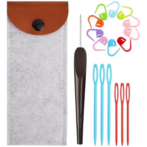 Smooth Crochet Hooks with Mertric Numbers and 10 pcs Stitch Markers, 6 pcs Sweing Needles, 1 pc Sandalwood Crochet Hook Bag, Hand Polished Stainless Steel Crochet Hook with Wood Handle (Black, 2.0MM)