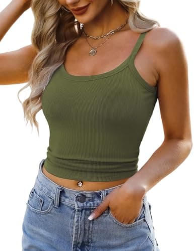 GKBK 2026 Summer Spaghetti Strap Tops for Women Scoop Neck Ribbed Knit Going Out Teen Girls Y2K Crop Clothes Army Green L - Thumbnail 3