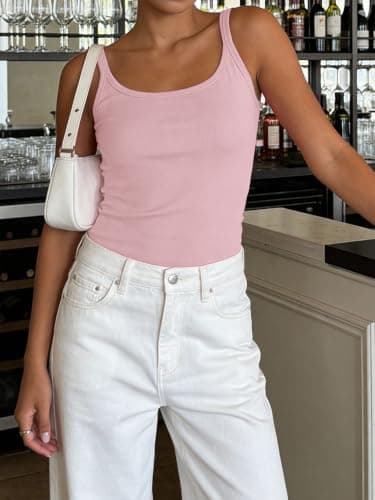 Totatuit Women Ribbed Tank Top Spaghetti Strap Sleeveless Shirts Pink XL - Thumbnail 4