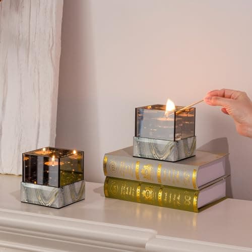 Crystal Glass Candle Holder Suqare with Marble Pattern-Tealight and Votive Candles Holders Centerpiece Table Decorations for Home Décor, Dining Room, Kitchen, Patio (White) - Thumbnail 5