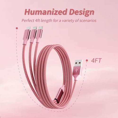 Multi Charging Cable, 3 in 1 Charging Cord for Multiple Devices, USB Cable Universal Charger with Type-C/IP/Micro USB for iPhone17-12/Android/Pad and More, Car Charger Travel Essentials(2Packs 4FT) - Thumbnail 6