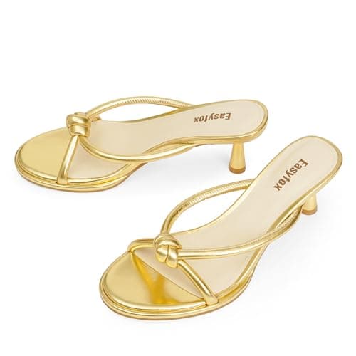 Easyfox Gold Womens Sandals Rounded Open Toe Heels Mules Slip on Bow Heels Dress Party Shoes Size 6 - Thumbnail 5