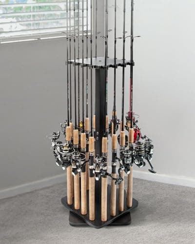 Ghosthorn Fishing Rod Holders for Garage 360 Degree Rotating Fishing Pole Rack, Floor Stand Holds up to 16 Rods Wood Fishing Gear Equipment Storage Organizer, Fishing Gifts for Men Women - Thumbnail 2