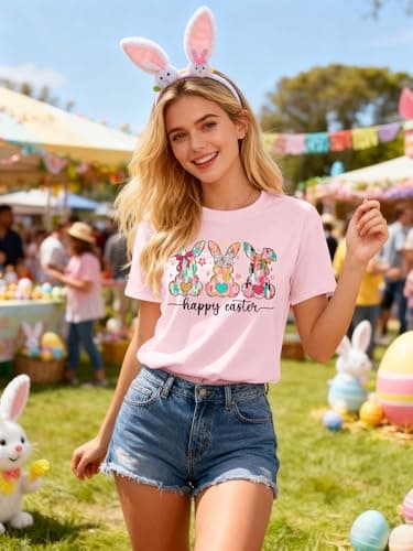 Easter Shirts for Women Funny Bunny Shirt Cute Rabbit Graphic T Shirt Happy Easter Casual Tshirt Short Sleeve Tops Pink - Thumbnail 3