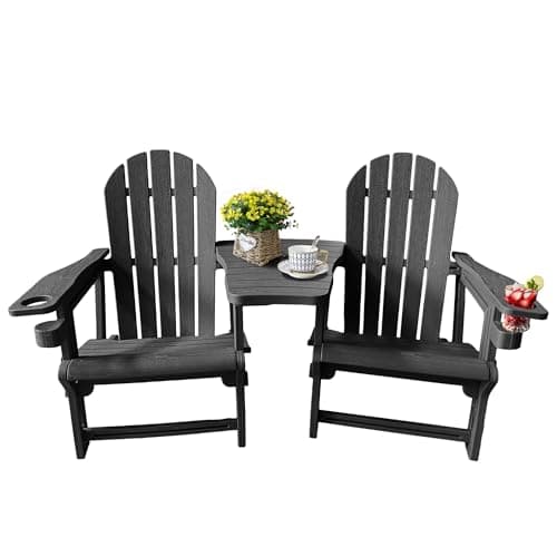 Adirondack Chairs Set of 2 Tool-Free Assembly,Removable Tabletop Tray,No Screws Needed,All-Weather HDPE Outdoor Patio Furniture Set with Cup Holders,Outdoor Lawn Chair for Patio Garden(Classic Black)