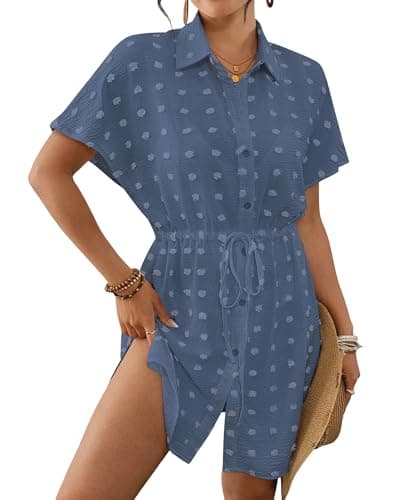 Bathing Suit Cover Up for Women Swiss Dot Button Down Swim Cover Up Drawstring Summer Beach Casual Dresses Navy Blue - Image 1