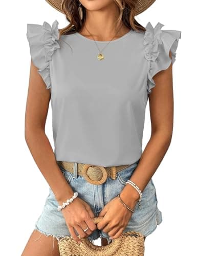 Womens Summer Shirts Trendy Ruffle Short Sleeve Tops Crew Neck Casual T-Shirts Cute Tee Tops Loose Fit Dressy Blouses Beach Vacation Grey XXL - Thumbnail 2