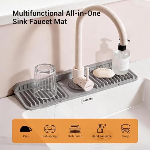 ZJWZLG Faucet Mat for Kitchen Sink, 14"X5.5" Silicone Sink Splash Guard , Snap-On Design & 7°slope Fast Drain, Folding Sink Faucet Mat for Universal Kitchen Bathroom Sink(Grey) - Thumbnail 2