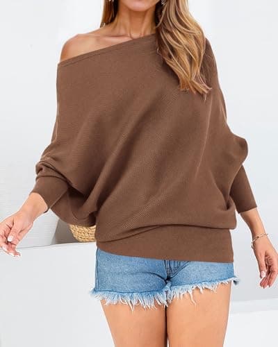 Zenlonr Women's Fall Sweaters 2026 Casual Long Batwing Sleeve Loose Off Shoulder Knit Pullovers Jumper Tops(Brown,X-Large) - Thumbnail 3