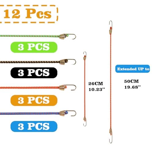 Small Bungee Cords with Hooks 12 Pieces, Mini Bungee Cord Hooks Adjustable Bungee Cord for Luggage Roof Rack Hang Outdoor Tent Tarp Bike Car RV Camping Tool Cargo Accessory - Thumbnail 3