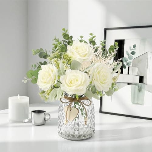 HOHOTIME Artificial Flowers with Vase, White Silk Roses Fake Flower Arrangement with Eucalyptus, Faux Plant Vase for Home Office Dining Table Centerpiece Coffee Table Decor Farmhouse Decoration - Thumbnail 3