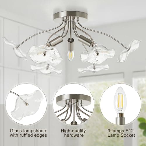 Luvkczc Semi Flush Mount Ceiling Light, Brushed Nickel Ceiling Light Fixture, Modern Floral Glass Lighting for Kitchen Entryway Hallway Bathroom Bedroom Foyer, 3 Light E12 Socket - Thumbnail 3