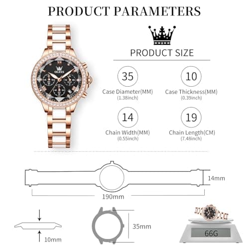 OLEVS Ladies Luxury Watch Black Mother of Pearl Dial Rose Gold Ceramic Stainless Steel Band Diamond Accents Women's Dress Watch Chronograph Elegant Ladies Waterproof Watches Fashion Quartz Watches - Thumbnail 6