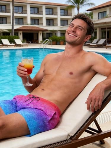 Cozople Mens Swim Trunks with Compression Liner 5.5" Bathing Suit 2 in 1 Anti Chafing Purple Gradient Beach Board Short Swimwear Swimsuit with Boxer Brief L Beach Play Sandcastle Building Wave Wading - Thumbnail 5