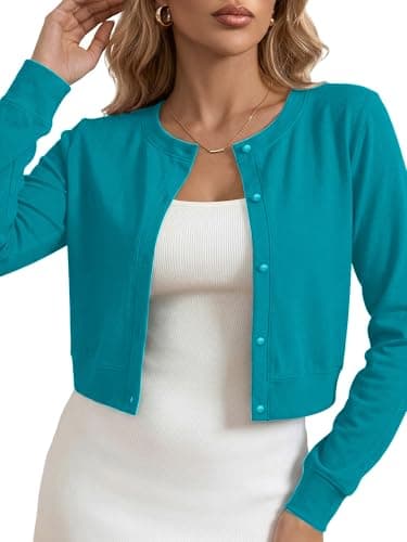 Heymoments Shrugs for Women Lake Blue Medium Cropped Lightweight Bolero Cardigan Button Down Long Sleeve Crewneck Casual Ladies Open Front Knit Coat Fall Tops Sweater for Dresses Jean