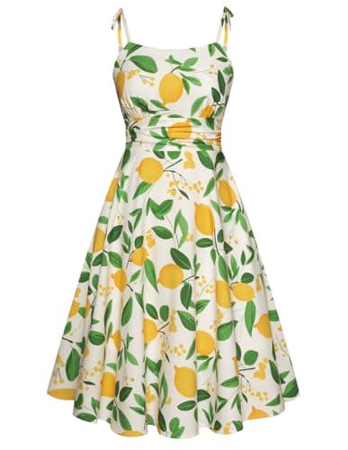 Lemon Floral 2026 Summer Sleeveless Sun Dresses Sweatheart Neck 1950s Vintage Retro Homecoming Graduation Dress Medium