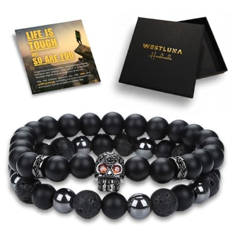 WestLuna Mens Triple Protection Bracelet - Hematite Lava Stone Black Obsidian Bracelet w Skull, 8MM Stone Beaded Bracelets for Men Jewelry Gifts (Medium) - Image 1